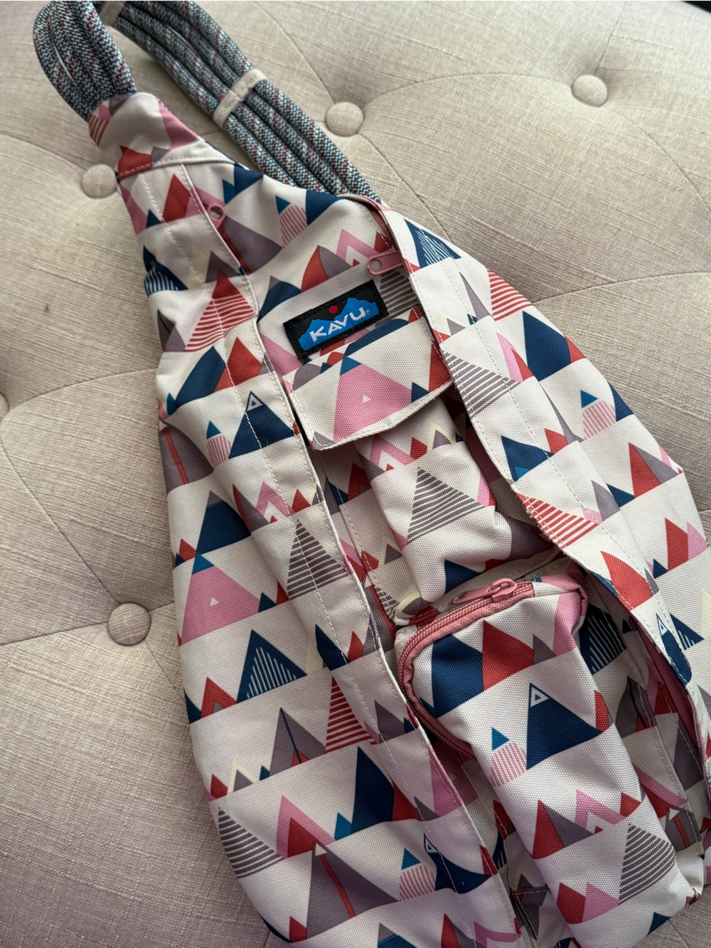 Kavu Triangle Print Sling Bag in Pink, Navy & Cream